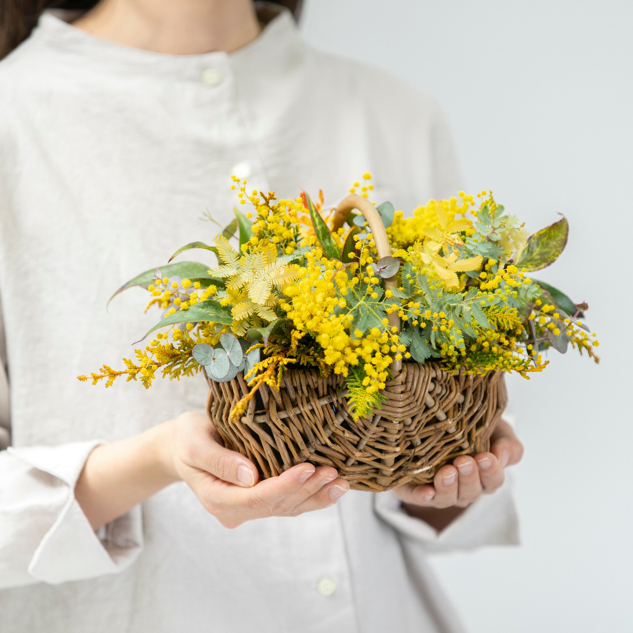 【受注販売】早春の枝ものでつくったミモザバスケット(生花)