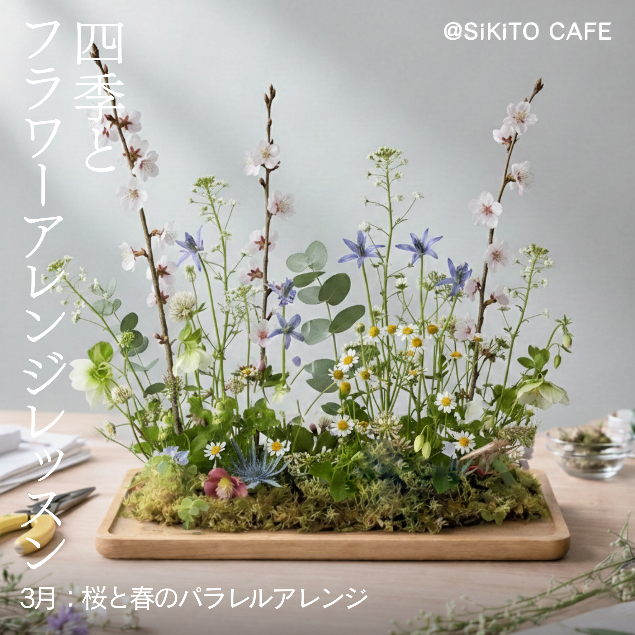 四季とフラワーアレンジレッスン《3月:桜と春のパラレルアレンジ》@SiKiTO CAFE 日本橋店 / 幕張店