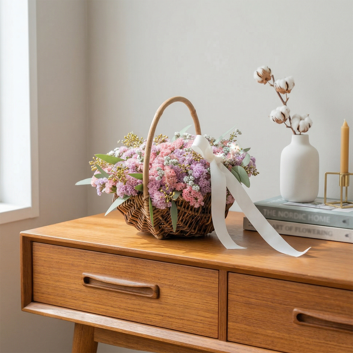 【受注販売】たっぷりのスターチスでつくった母の日バスケット(生花)